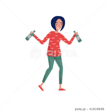 Smiling brunette drunk young woman cartoon character, girl walking with bottles of alcoholic drink 41839686