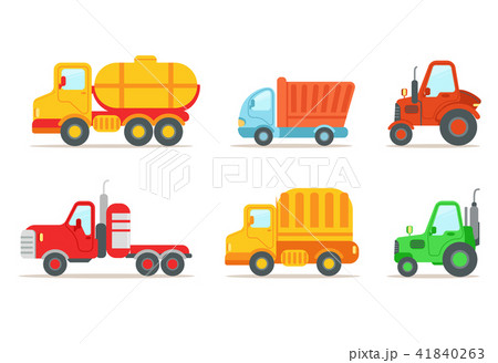 Flat vector set of different types of vehicles. Semi trailer, tractors, lorry, truck with tank Flat vector set of different types of vehicles. Semi trailer, tractors, lorry, truck with tank 41840263