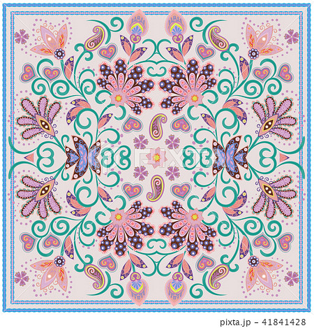 Lovely tablecloth ethnic indian flowers. Beautiful vector ornament. Card, bandana print, kerchief 41841428