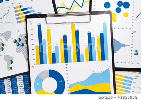 報告書とカラフルなグラフ。統計データの収集と分析。 報告書とカラフルなグラフ。統計データの収集と分析。 41855958
