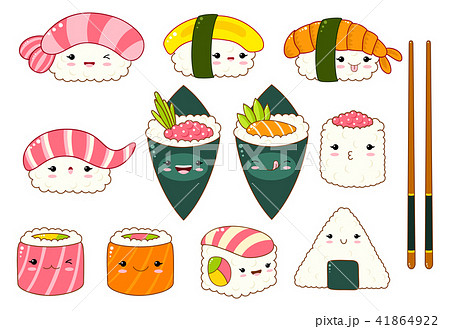 Set Of Cute Sushi And Rolls Icons In Kawaii Styleのイラスト素材