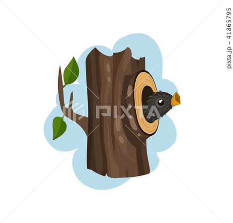 Nestling sitting in hollow tree, hollowed out old tree and cute bird inside vector Illustration on a 41865795