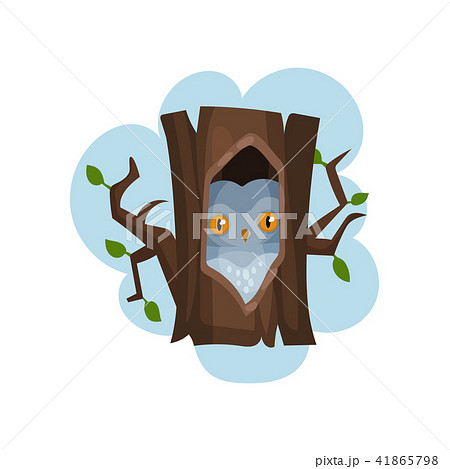 Owl sitting in hollow of tree, hollowed out old tree and bird inside vector Illustration on a white 41865798