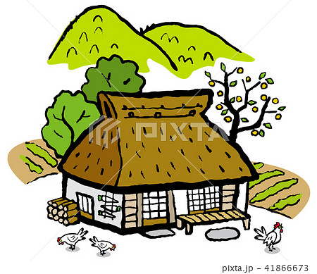藁葺き屋根の家 懐かしき風景のイラスト素材