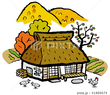 藁葺き屋根の家 懐かしき風景のイラスト素材