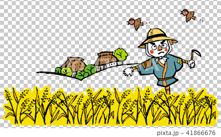 案山子と藁葺き屋根の家　懐かしき風景 41866676