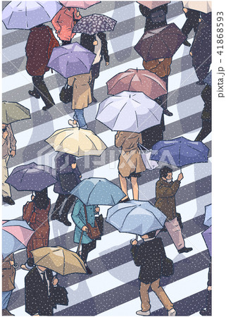 City crowd in bad weather crossing zebra umbrella 41868593
