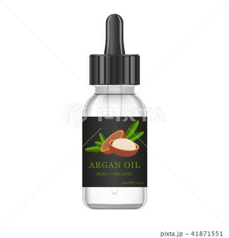 Realistic white glass bottle with argan extract. Beauty and cosmetics oil - argan. Product label and Realistic white glass bottle with argan extract. Beauty and cosmetics oil - argan. Product label and 41871551
