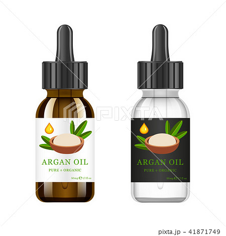 Realistic white and brown glass bottle with argan extract. Beauty and cosmetics oil - argan. Product Realistic white and brown glass bottle with argan extract. Beauty and cosmetics oil - argan. Product 41871749