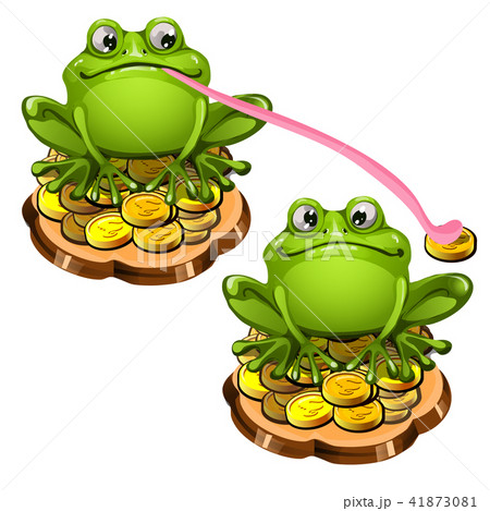Cute green frog with a long pink tongue stole a gold coin. Cartoon animals are isolated on a white 41873081