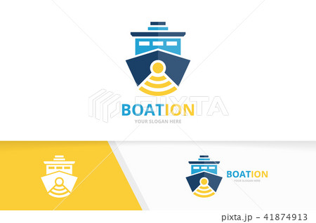 Vector ship and wifi logo combination. Boat and signal symbol or icon. Unique yacht and radio 41874913