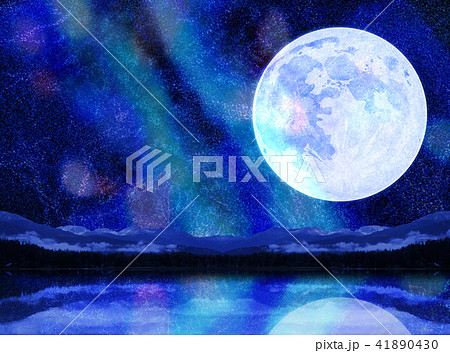 幻想的な月と天の川と湖面に映るキラキラ夏の星空イメージのイラスト