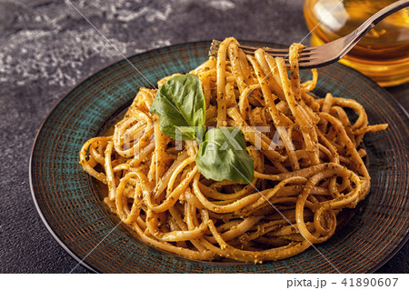 Pasta with homemade pesto sauce. 41890607