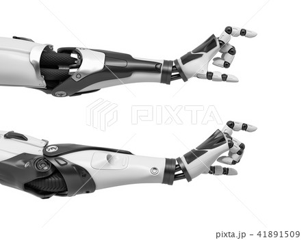 3d rendering of two robot arms with hand thumb and index finger at a distance between each other 41891509