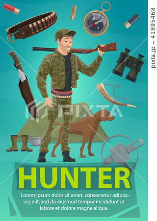 Hunter with rifle, dog, hunting equipment banner Hunter with rifle, dog, hunting equipment banner 41895468