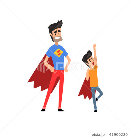 Smiling super hero dad and his son spending time together vector Illustration on a white background Smiling super hero dad and his son spending time together vector Illustration on a white background 41900220