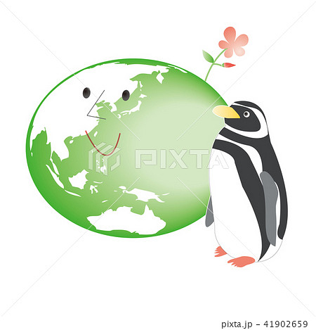 環境保護 地球とペンギンと花のイラストのイラスト素材