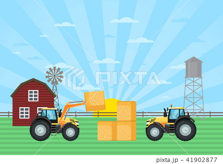 Tractor load hay bale in stack on farm Tractor load hay bale in stack on farm 41902877