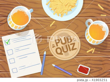 Quiz night in the pub. Wooden pub table with quiz list, fries and beer. Vector illustration 41903251