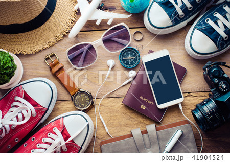 Travel accessories for trip on wood Travel accessories for trip on wood 41904524