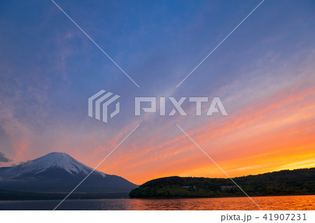富士山と山中湖の夕景 41907231