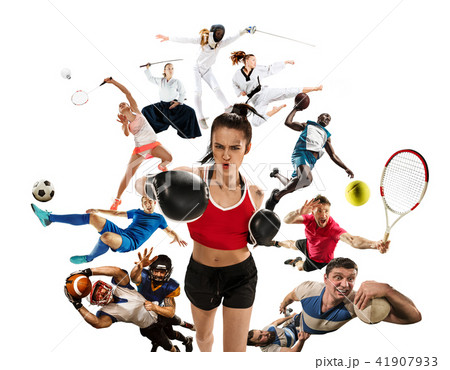 Sport collage about kickboxing, soccer, american football, basketball, badminton, taekwondo, tennis 41907933