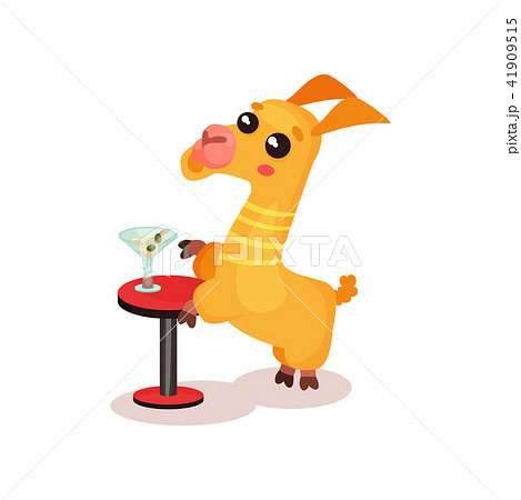 Funny llama alpaca cartoon character drinking cocktail while sitting at cafe table vector 41909515