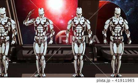 Robots soldiers on a spaceship salute against the background of the Universe and Planets. A 41911965
