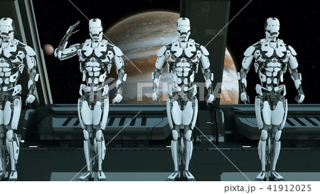 Robots soldiers on a spaceship salute against the background of the Universe and Planets. A 41912025