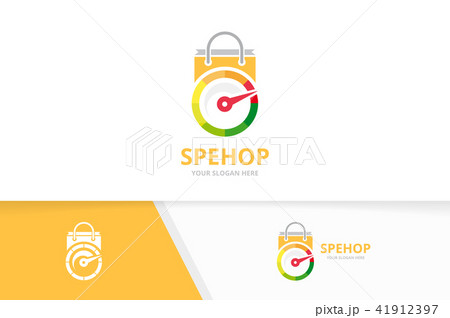 Vector speedometer and shop logo combination. Tachometer and sale symbol or icon. Unique speedo and Vector speedometer and shop logo combination. Tachometer and sale symbol or icon. Unique speedo and 41912397