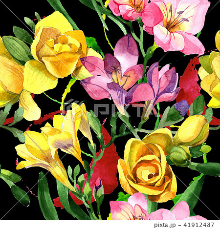 Colorful freesia. Floral botanical flower. Seamless background pattern. Colorful freesia. Floral botanical flower. Seamless background pattern. 41912487