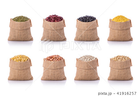 Set of several beans in brown small sack. Studio shot isolated on white background 41916257