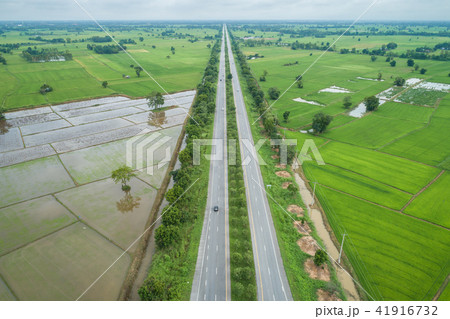 Aerial view from flying drone. Top view asphalt road in the middle of green young rice fields, Thailand Aerial view from flying drone. Top view asphalt road in the middle of green young rice fields, Thailand 41916732