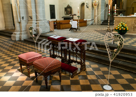 Wedding arrangement chairs inside The Basilica of St. Castor oldest church in Koblenz German state Wedding arrangement chairs inside The Basilica of St. Castor oldest church in Koblenz German state 41920953