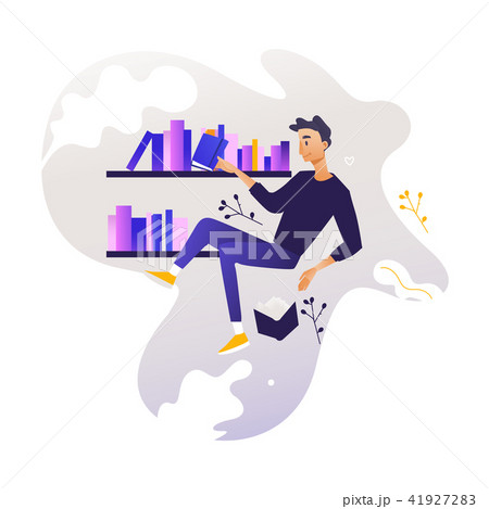 Young boy flying surrounded by books and shelves - studying and analysis of data theme. 41927283