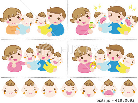 双子 4人家族 ママ パパ 赤ちゃん 赤ちゃんの７つの表情 9のイラスト素材