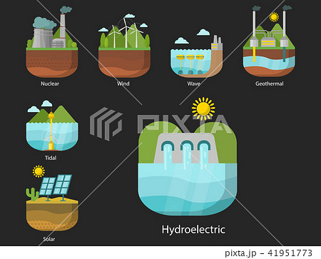 Generation energy types power plant vector renewable alternative source solar and tidal, wind and 41951773