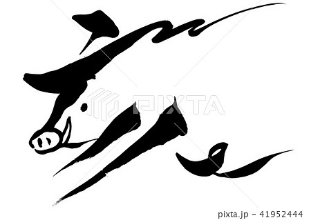 筆絵 亥 の文字と猪イラストのイラスト素材