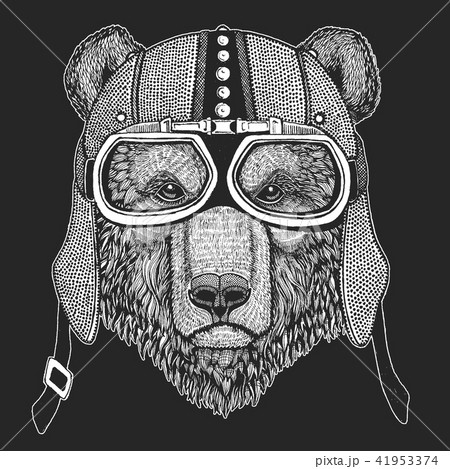 Brown bear. Vintage motorcycle hemlet. Retro style illustration with animal biker for children, kids 41953374
