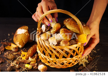 Basket with forest mushrooms on a wooden background 41962528
