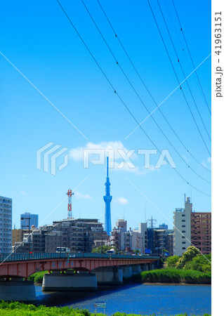 荒川に架かる西新井橋と東京スカイツリー 41963151