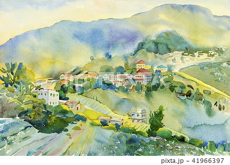 Watercolor landscape painting of mountain village. 41966397