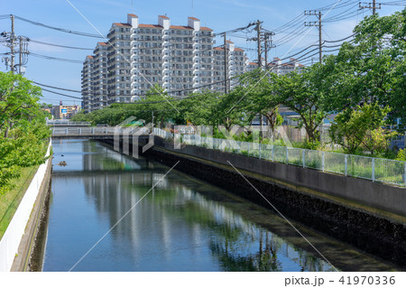 川沿いのマンションの風景の写真素材