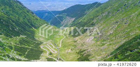 Aerial view of Transfagarasan winding highway 41972620