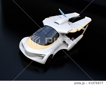 黒バックに主翼が収納されていてクルマとして使うフライングカー（空飛ぶ車）のコンセプトイメージ 41976877
