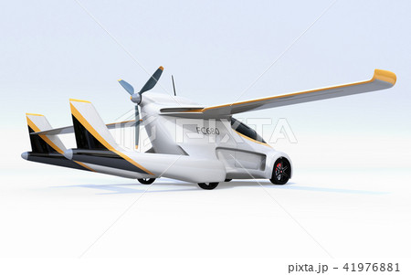 白バックに主翼が展開したフライングカー(空飛ぶ車)のコンセプトイメージ 白バックに主翼が展開したフライングカー(空飛ぶ車)のコンセプトイメージ 41976881