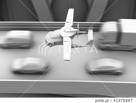 高速道路渋滞中の車列の上に通過するフライングカー（空飛ぶ車）のクレイレンダリングイメージ 41976887