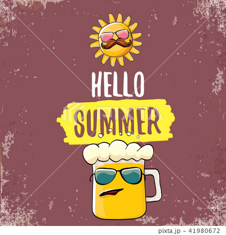 vector cartoon funky beer glass character and summer sun isolated on grunge background. Hello summer vector cartoon funky beer glass character and summer sun isolated on grunge background. Hello summer 41980672