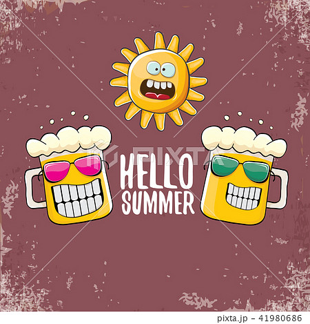 vector cartoon funky beer glass character and summer sun isolated on grunge background. Hello summer 41980686