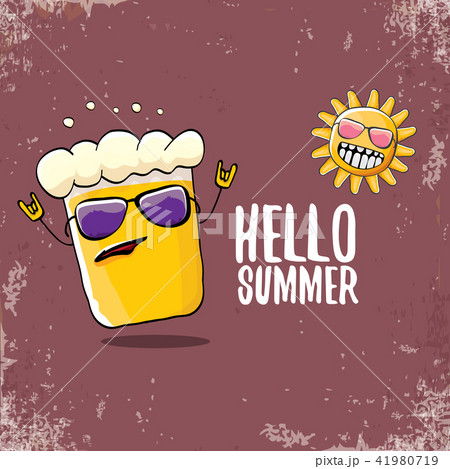 vector cartoon funky beer glass character and summer sun isolated on grunge background. Hello summer vector cartoon funky beer glass character and summer sun isolated on grunge background. Hello summer 41980719